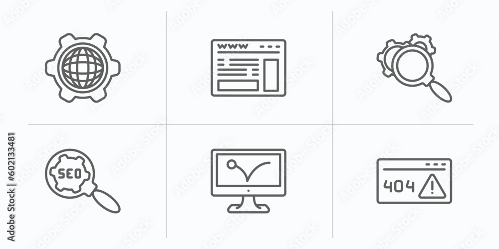 Poster programming outline icons set. thin line icons such as cyberspace, web page, optimization, seo, adve