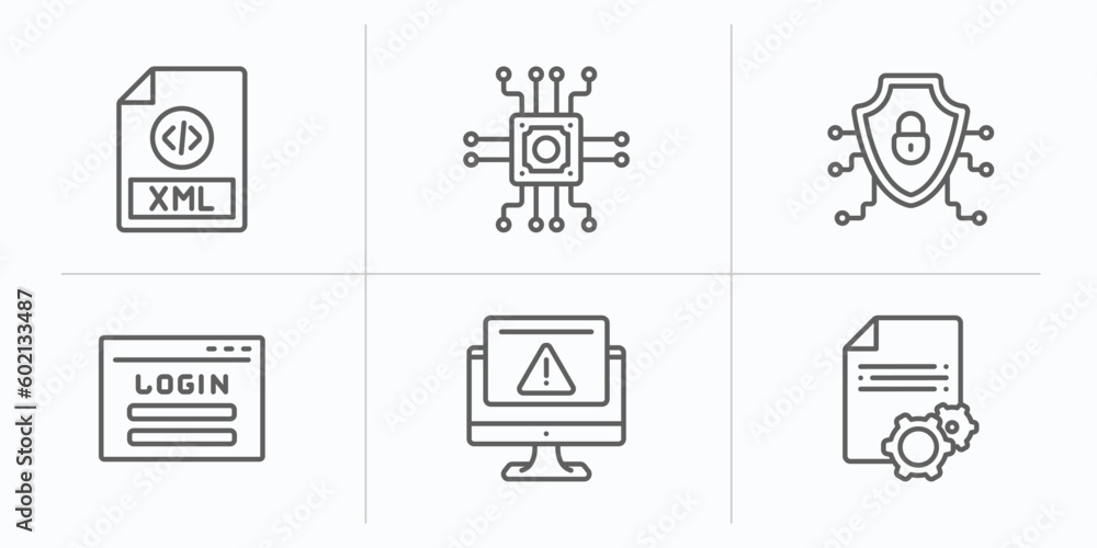 Poster programming outline icons set. thin line icons such as xml, microchip, secured network, login, progr