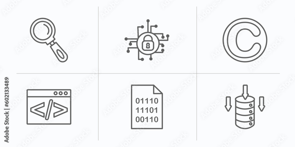 Poster seo outline icons set. thin line icons such as search, encryption, copyright, coding, binary code, d