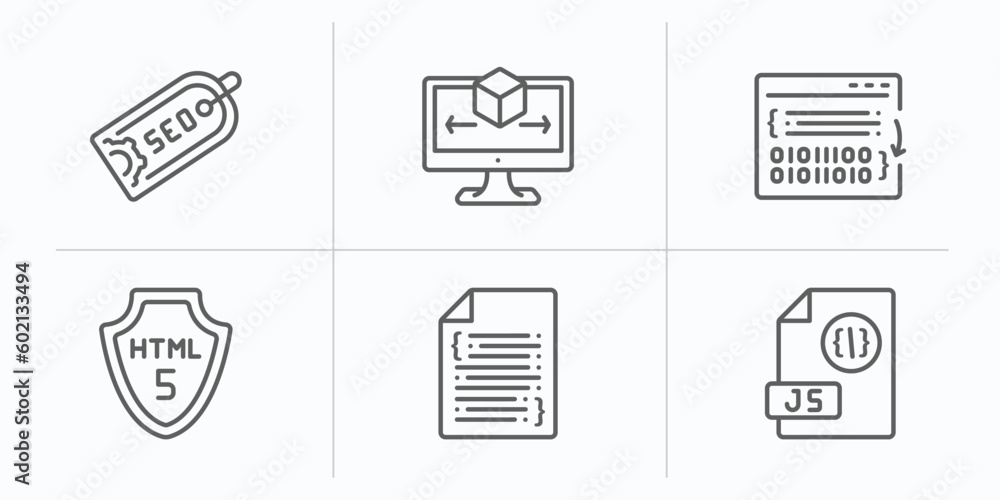 Poster programming outline icons set. thin line icons such as seo tags, simulation, compiler, html5, softwa
