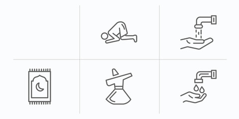 religion outline icons set. thin line icons such as lion of judah, ruku posture, islamic wudu, islamic praying carpet, sufi mystic, wudu vector.