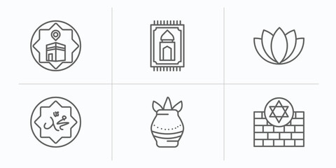 religion outline icons set. thin line icons such as qibla, praying mat, lotus, muhammad word, kalasha, kotel vector.