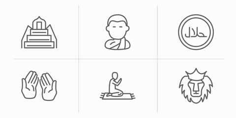 religion outline icons set. thin line icons such as minbar, buddhist monk, halal, muslim praying hands, islamic friday prayer, vigil vector.