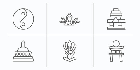 religion outline icons set. thin line icons such as yin yang, shiva, wat phrakaew, wat saket, spiritual, shinto vector.