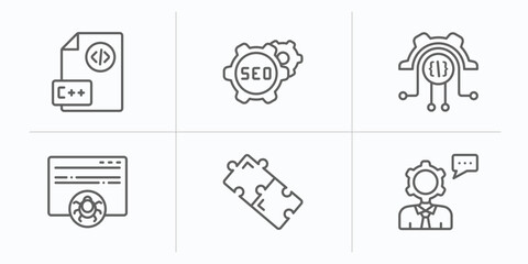 programming outline icons set. thin line icons such as programming language, image seo, engineering, bug report, addon, seo consulting vector.
