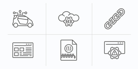 programming outline icons set. thin line icons such as smart car, seo cloud, hyperlink, ux de, archive, error vector.