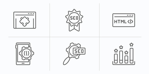 programming outline icons set. thin line icons such as plugin, seo badge, html, mobile development, seo configuration, seo ranking vector.