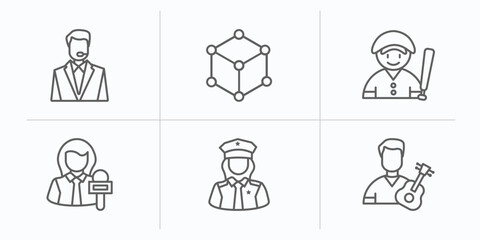 professions & jobs outline icons set. thin line icons such as bouncer, model, baseball player, reporter, policewoman, guitar player vector.