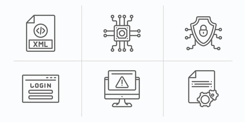 programming outline icons set. thin line icons such as xml, microchip, secured network, login, program error, article vector.
