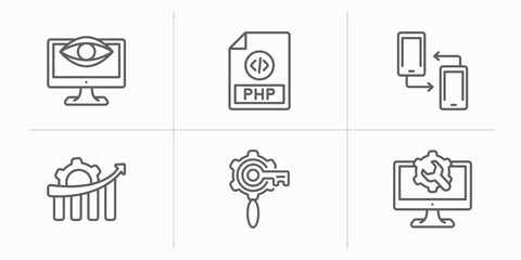 programming outline icons set. thin line icons such as seo monitoring, php, cross-platform, seo growth, seo keywords, web optimization vector.
