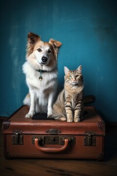 illustration, a dog and a cat sitting on a suitcase, ai generative