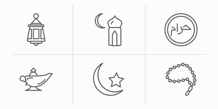 religion outline icons set. thin line icons such as arabic lamp, subah prayer, haram, arabian magic lamp, star and crescent moon, prayer beads vector.