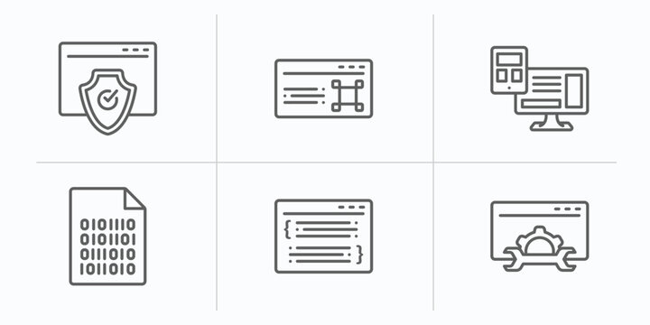 programming outline icons set. thin line icons such as authorize, command, adaptive layout, binary file, code listing, seo tools vector.