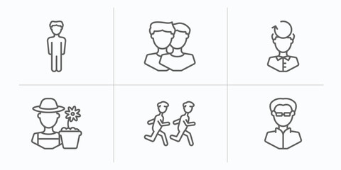people outline icons set. thin line icons such as vertical, relations, rethink, garderner, group of men running, matrix vector.