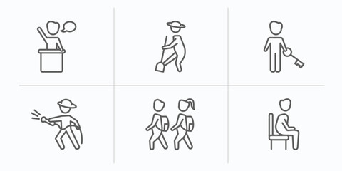 people outline icons set. thin line icons such as leader speech, farmer working, man with big key, firefighter working, children in school, sit down vector.