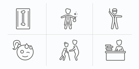 people outline icons set. thin line icons such as radiologist working, chemist working, policeman working, relieved smile, help the elderly, at the office vector.