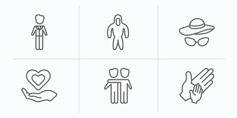 people outline icons set. thin line icons such as ceo man, protective suit, hat and glasses, heart in hands, hugging, hand of an adult vector.