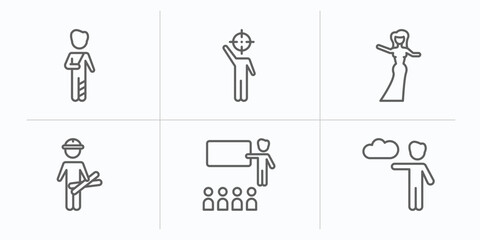 people outline icons set. thin line icons such as patien, man with target, bridesmaids, architect, teacher and students, weathercaster vector.