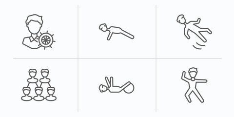 people outline icons set. thin line icons such as layer working, push ups, slide down, relation, physiotherapy, dancers vector.