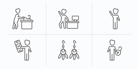 people outline icons set. thin line icons such as carpenter working, worker success, waving goodbye, man with money, earings, man with open lock vector.