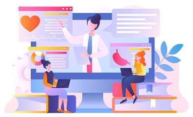 Medical conference concept. Women with laptops communicate with girl in medical coat. Webinar and seminar, online lecture and telemedicine. Education and training. Cartoon flat vector illustration