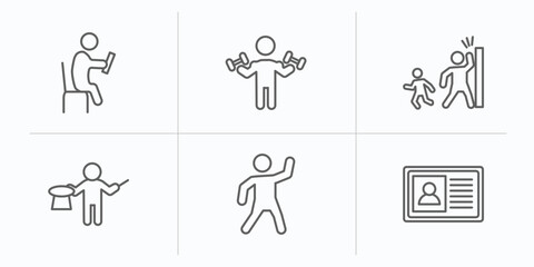 people outline icons set. thin line icons such as sitting man reading, biceps of a man, hide and seek, magician boy, dancing man, identification pass vector.