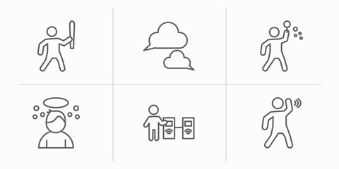 people outline icons set. thin line icons such as man attacking, chat balloon, man making soap bubbles, boy angel head, validating ticket, man hearing vector.