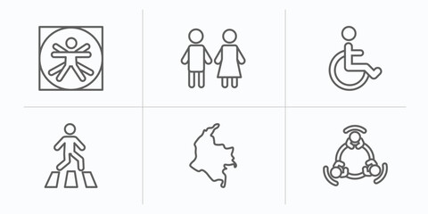 people outline icons set. thin line icons such as vitruvian man, restroom, handicapped, road crossing, colombian, round table vector.