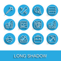 Set line Earth core structure crust, Archeology, Construction jackhammer, Briefcase, Pickaxe, Seismograph, Ground and Gem stone icon. Vector