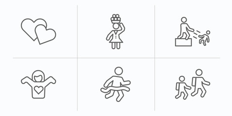 people outline icons set. thin line icons such as two hearts, woman carrying, man pushing child, getting dressed, running at finish line, walking to school vector.