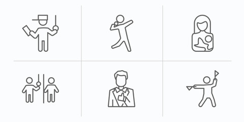 people outline icons set. thin line icons such as ticket collector, shot put, breastfeeding, occupant, tumb up business man, flag semaphore language vector.