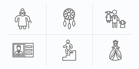 Fototapeta premium people outline icons set. thin line icons such as elder, bohemian, man girl and dog, identification ard, walking downstairs, princes vector.