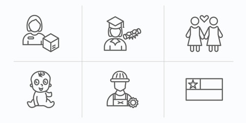 people outline icons set. thin line icons such as delivery woman, graduated student, lesbian couple, baby zone, technician, chilean vector.