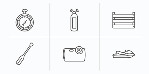 nautical outline icons set. thin line icons such as barometer, oxygen tank, big crate, oars, water resist camera, facing right vector.