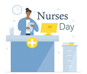 Nurses day concept. Woman in medical gown at workplace. Medical worker in uniform in hospital. Medicine and healthcare. Greeting postcard for international holiday. Cartoon flat vector illustration