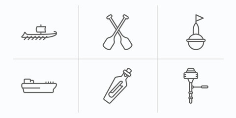 Fototapeta premium nautical outline icons set. thin line icons such as trireme, paddles, buoy, tanker ship, message in a bottle, boat engine vector.