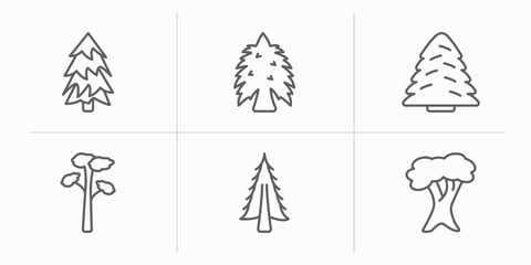 nature outline icons set. thin line icons such as red pine tree, eastern hemlock tree, white spruce tree, pitch pine american larch white oak vector.