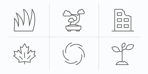 nature outline icons set. thin line icons such as grass leaves, bonsai tree, ruins, red maple tree, whirlpool, plants growing vector.