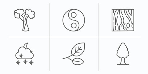 nature outline icons set. thin line icons such as silver maple tree, fengshui, wood board, night snow, branches with leaves, white ash tree vector.