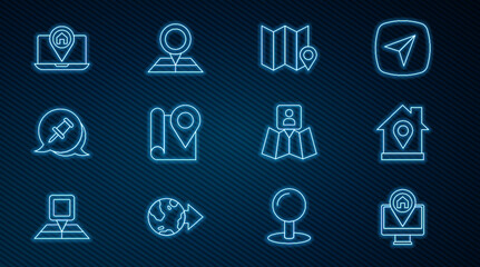 Set line Monitor with map location, Location house, Folded marker, Push pin, City navigation, and icon. Vector