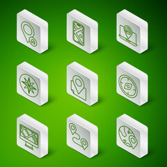 Set line Location on the globe, Route location, with house, Folded map marker, Wind rose, City navigation, Monitor and Compass icon. Vector