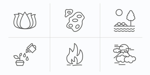 nature outline icons set. thin line icons such as beautiful lotus flower, asteroids, savannah, watering plant, flame, sun fuji mountain vector.