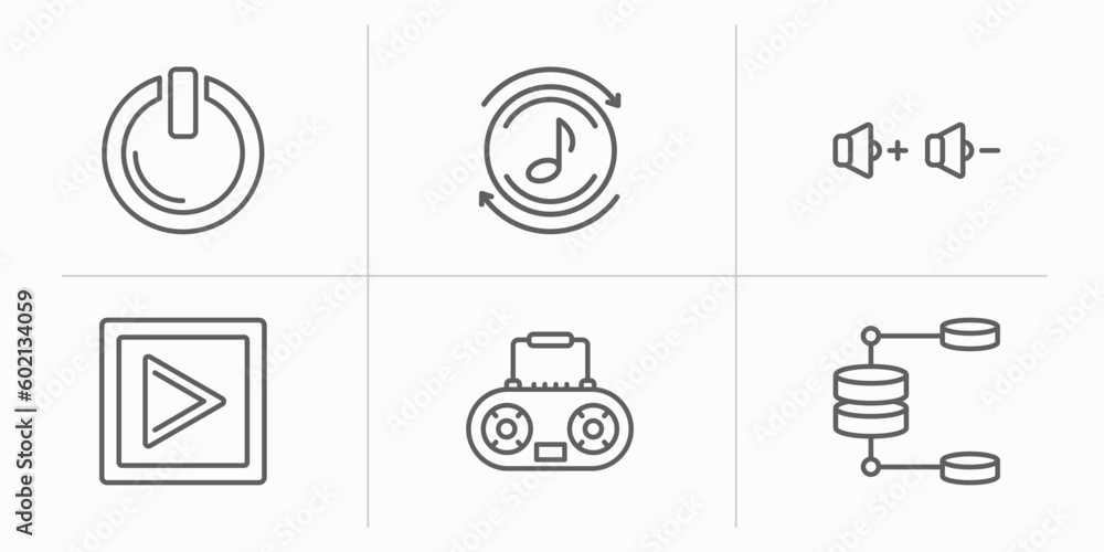 Aufkleber multimedia outline icons set. thin line icons such as start button, rolling, volume control, square 