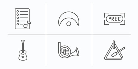 music and media outline icons set. thin line icons such as playlist, fermata, rec, acoustic guitar, french horn, music triangle vector.