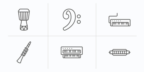 music and media outline icons set. thin line icons such as djembe, clef, melodica, oboe, organ, harmonica vector.