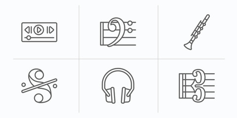 music and media outline icons set. thin line icons such as music player tings, bass clef, clarinet, segno, music player headphones, alto clef vector.