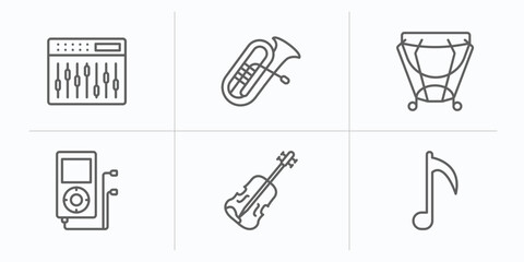 music outline icons set. thin line icons such as sound mixer, tuba, kettledrum, mp3, violin, music note vector.