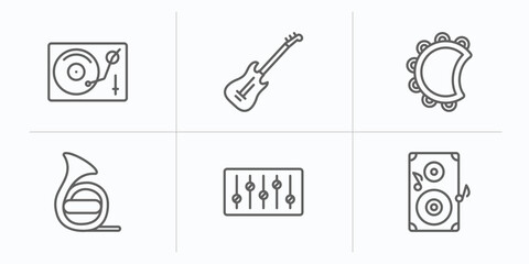 music outline icons set. thin line icons such as turntable, guitar, tambourine, horn, equalizer, speaker vector.