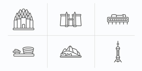 monuments outline icons set. thin line icons such as prambanan, luxor temple, , museum, hu picchu, oriental peral tower vector.