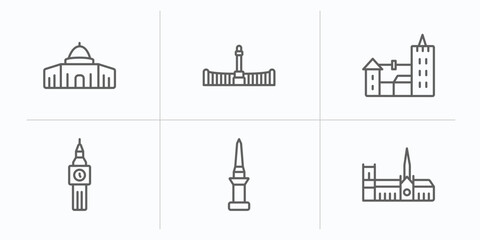monuments outline icons set. thin line icons such as dome of the rock, retiro park, bran castle, the clock tower, philippines, notre dame cathedral vector.